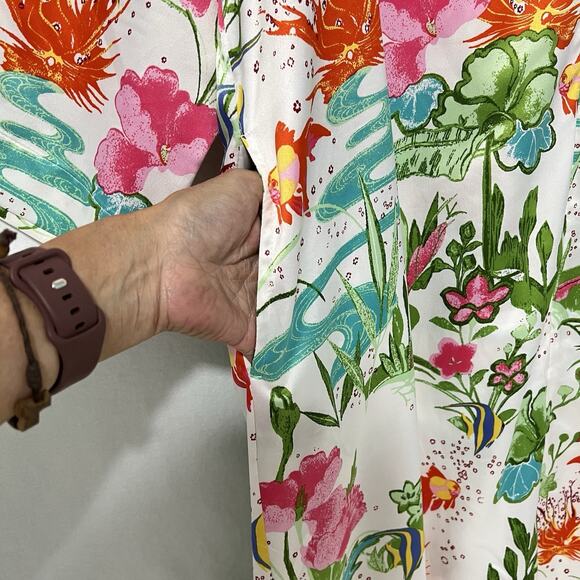 Natori Women's Kaftan Kimono Large Under The Sea Fish Pockets Zip Up Multicolor - Picture 6 of 14